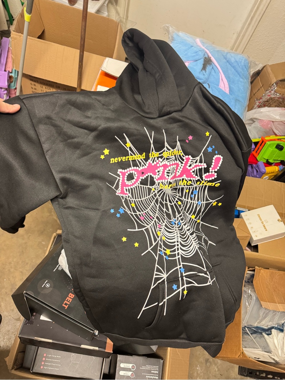Kids Black Pullover Hoodie with Spiderweb Graphic and Star Print - Picture 2 of 2